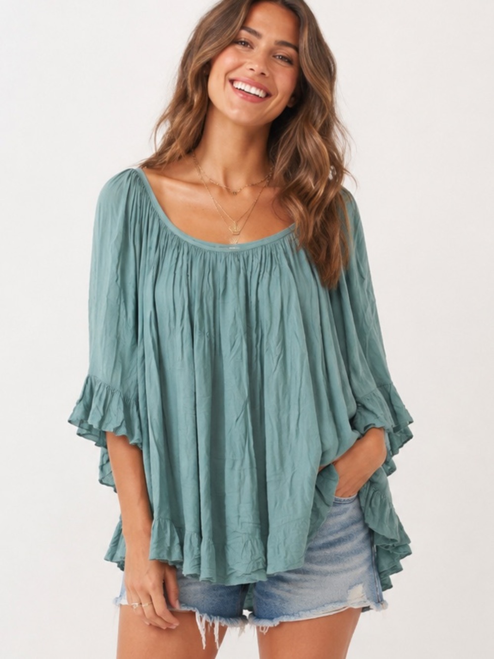 Premium Designer Indah Sage Green Long Sleeve Ruffle Peasant Blouse